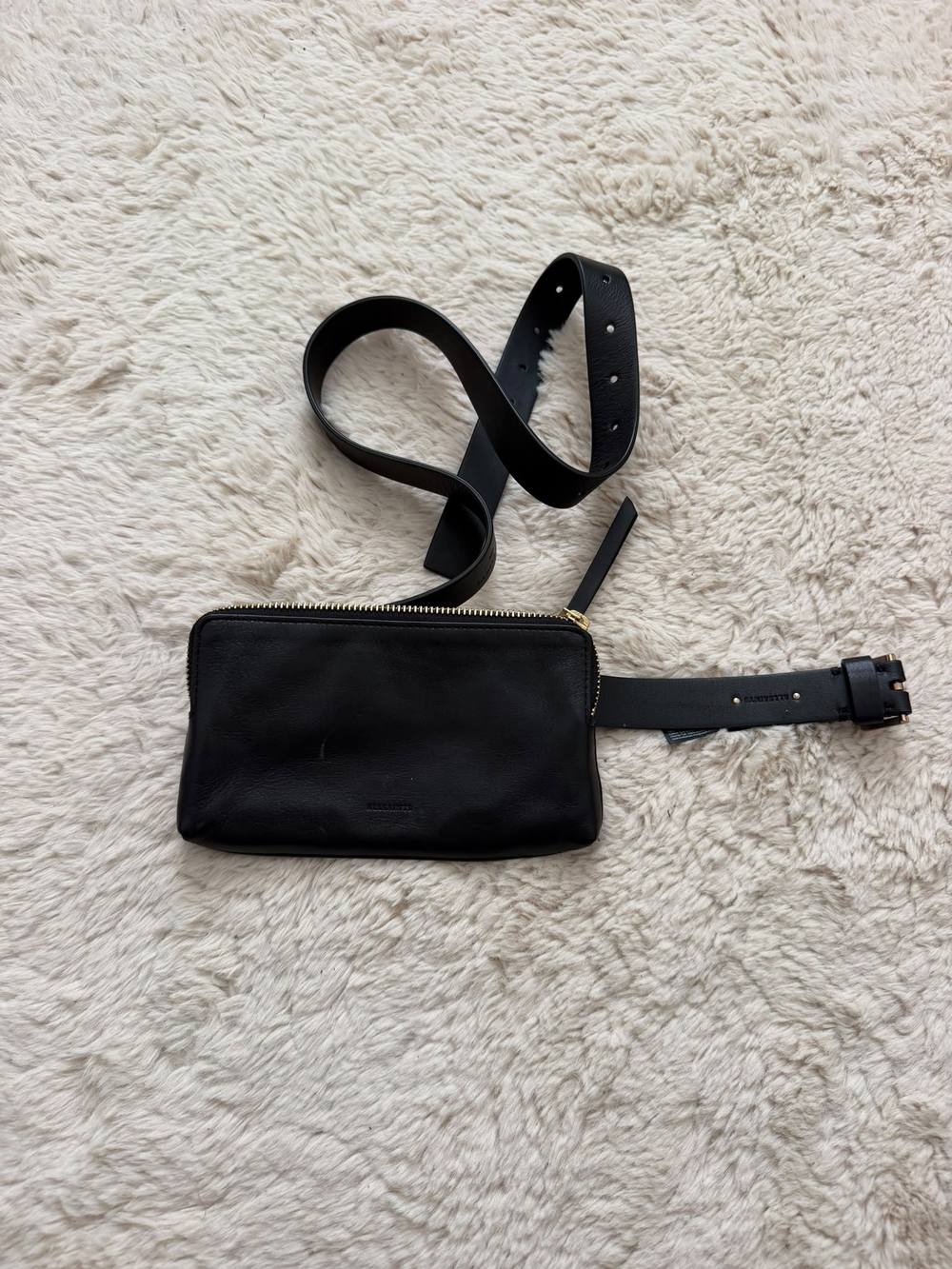 All Saints Black Leather Belt Bag with Gold Hardware